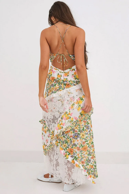 Floral Print Lace Backless Slip Dress