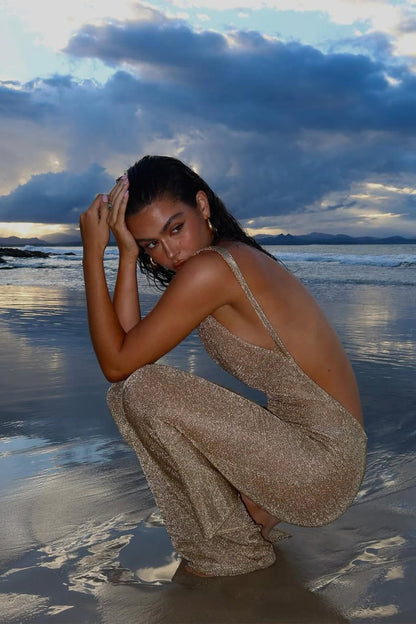 Selene Metallic Backless Knit Maxi Dress
