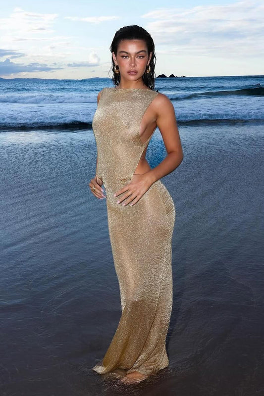 Selene Metallic Backless Knit Maxi Dress