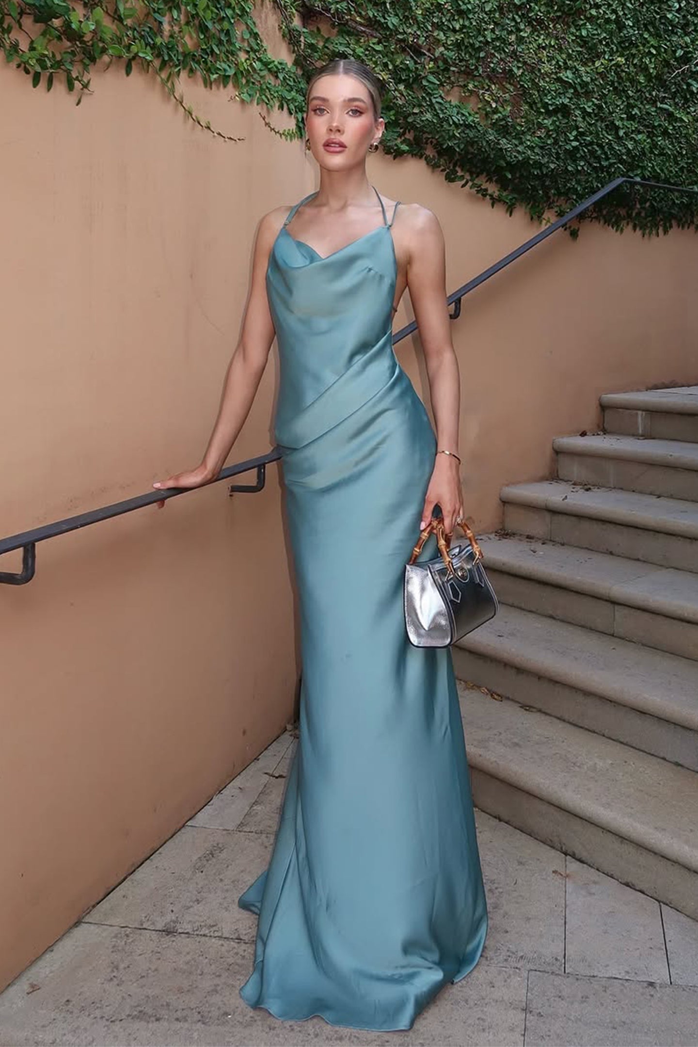 Virginia Cowl Neck Backless Satin Maxi Dress