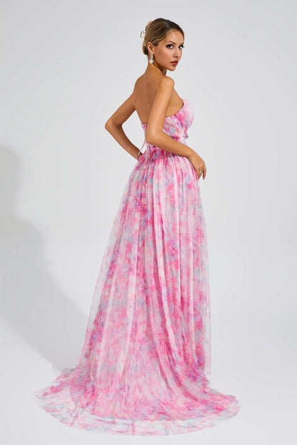 Sheila Pink Floral Slit Off Shoulder Dress