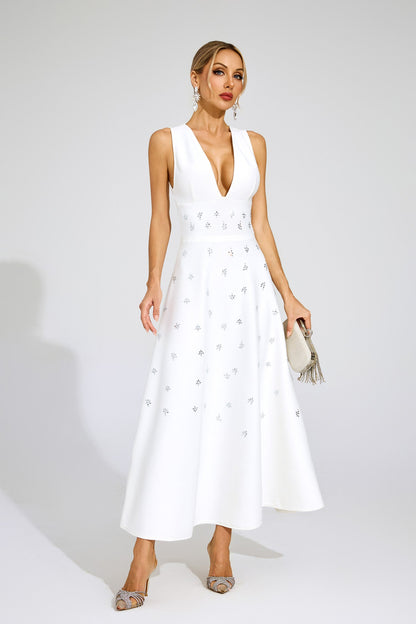 Wanda White V-neck Backless Sleeveless Dress