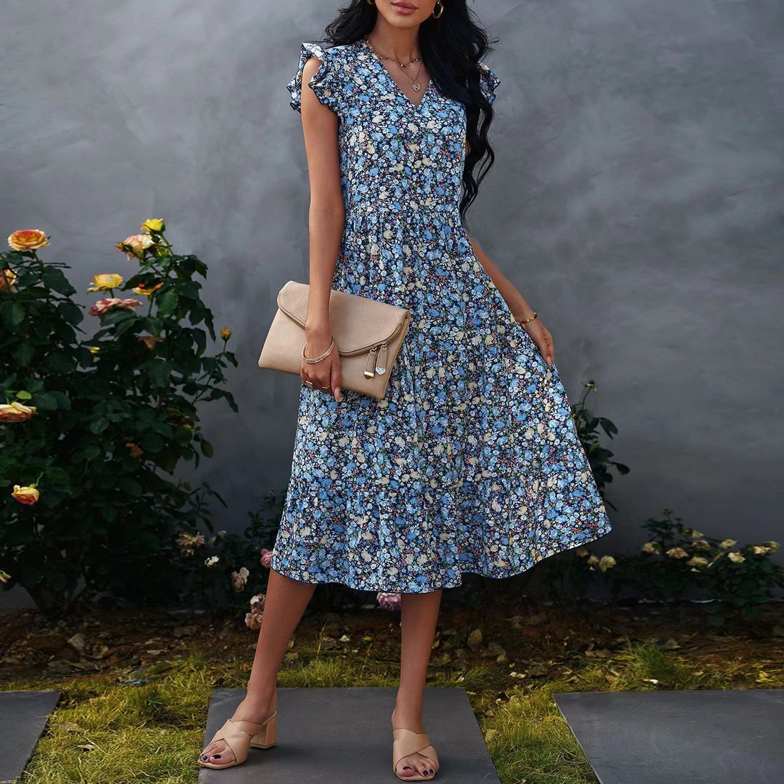 Glamorous Print V-neck Short Sleeve Midi Dress