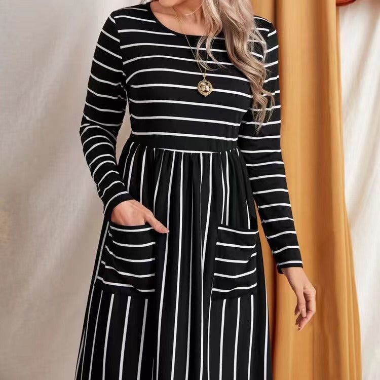 Casual Striped Print Pocket Dress