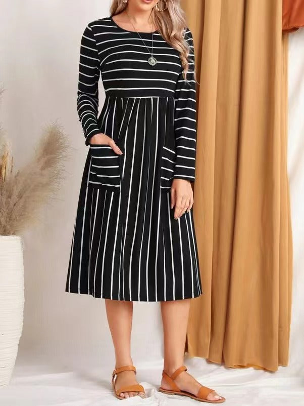 Casual Striped Print Pocket Dress