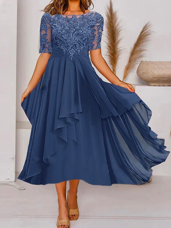 Elegant Short Sleeve Chiffon Lace Midi Dress
