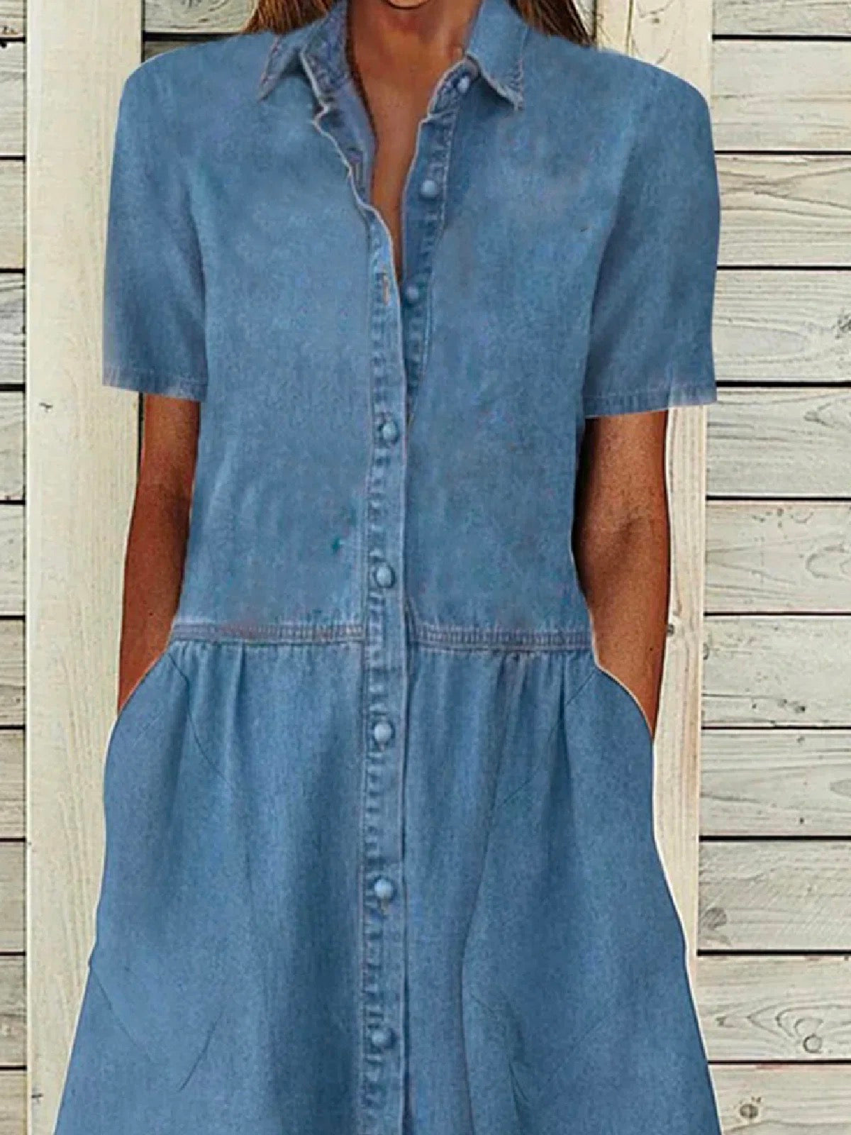 Solid Casual Denim Lapel Short Sleeve Woven Dress