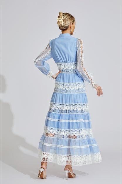 Xena Blue Lace V-Neck French Maxi Dress