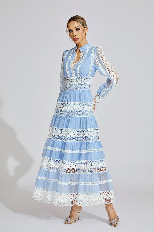 Xena Blue Lace V-Neck French Maxi Dress