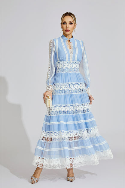 Xena Blue Lace V-Neck French Maxi Dress