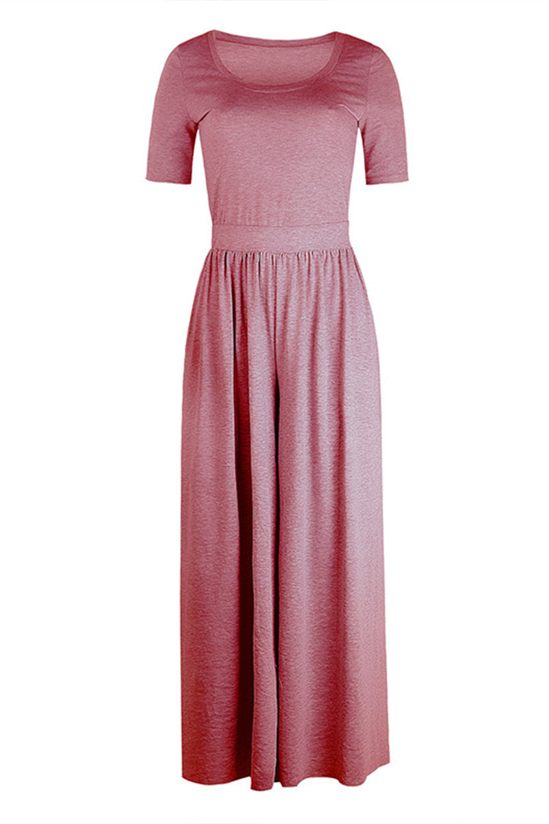 Round Neck Short Sleeve High Waist Long Jumpsuit
