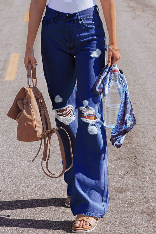 High Waist Denim Pants with Holes Washed