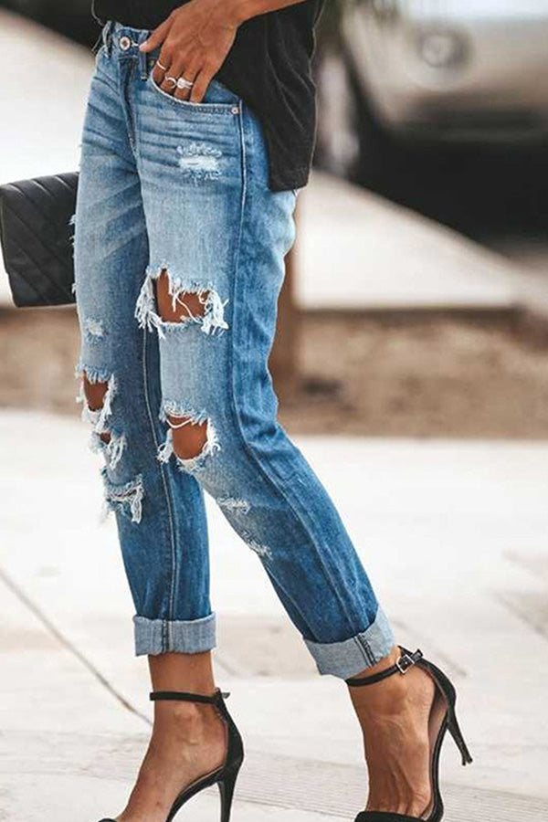 Ripped Cutout Single Button Jeans