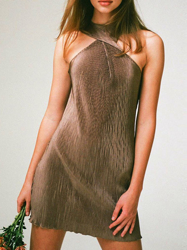 Loose Sleeveless Pleated Solid Color Split-Side Round-Neck Mini Dresses