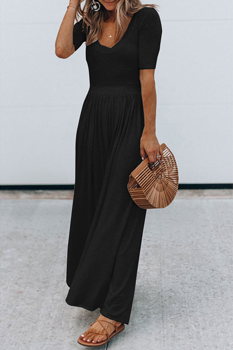 Round Neck Short Sleeve High Waist Long Jumpsuit