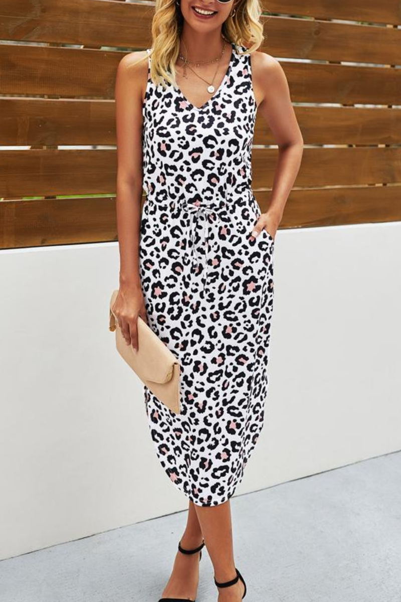 Leopard Print Asymmetric Hem Drawstring Waist Casual Dress
