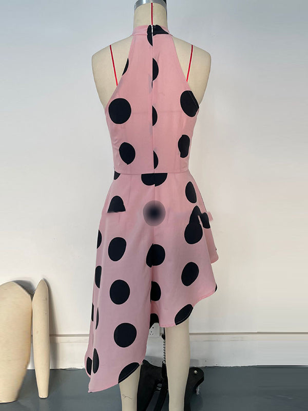 Loose Sleeveless Asymmetric Polka-Dot Halter-Neck Midi Dresses