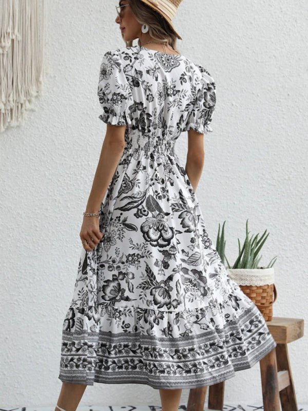All-over positioning print printed puff-sleeved maxi-neck dress