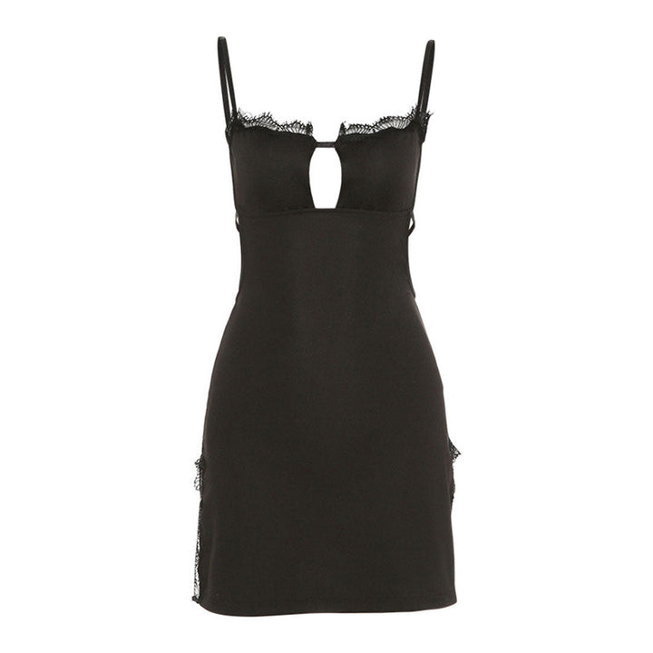 Alluring Eyelash Lace Trim Backless Split Club Mini Dress - Black