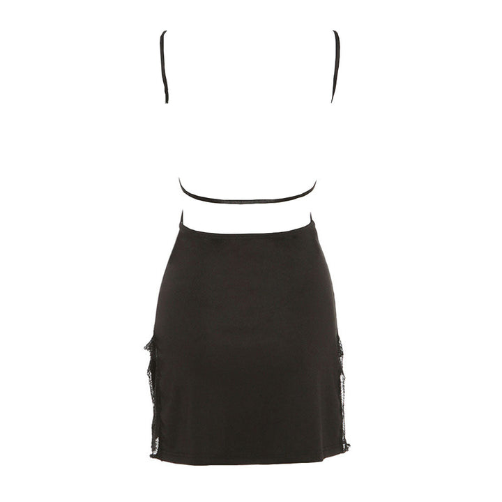 Alluring Eyelash Lace Trim Backless Split Club Mini Dress - Black