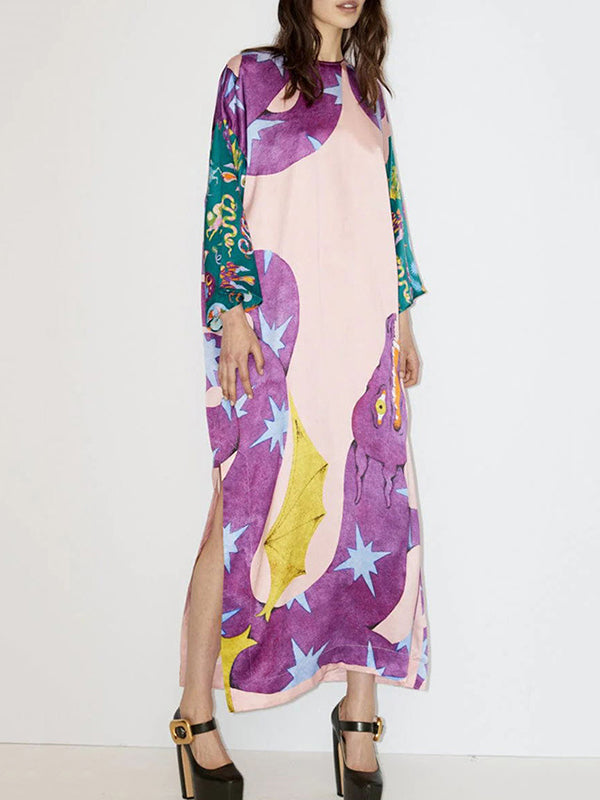 A-Line Long Sleeves Printed Split-Side Round-Neck Maxi Dresses