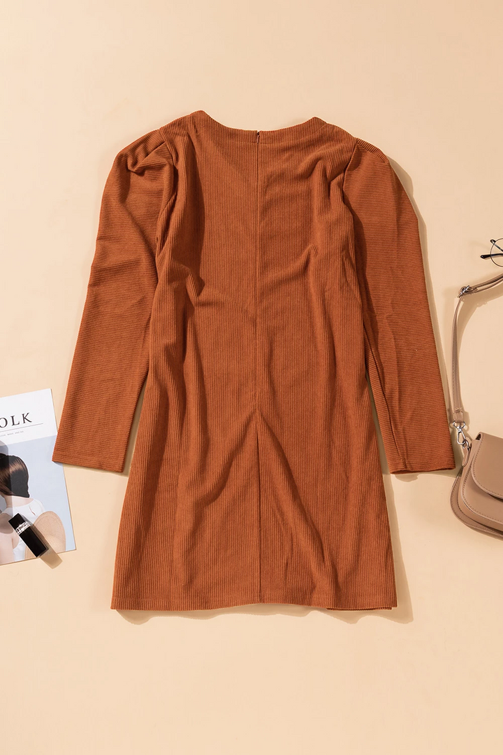 Brown Long Puff Sleeve Ribbed Mini Dress