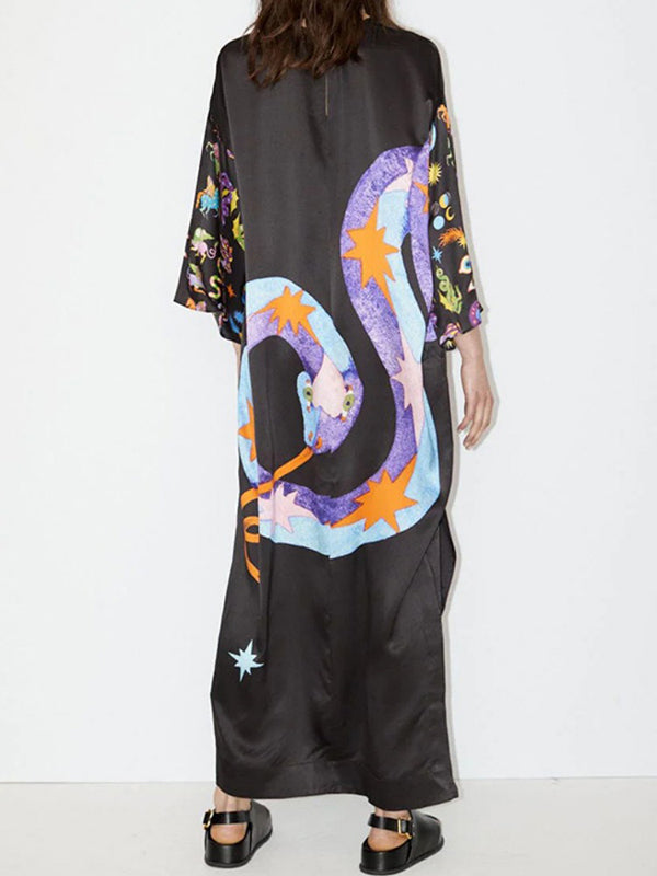A-Line Long Sleeves Printed Split-Side Round-Neck Maxi Dresses