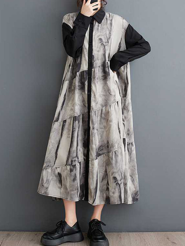 A-Line Long Sleeves Buttoned Printed Split-Joint Wash Painting Lapel Midi Dresses Shirt Dress