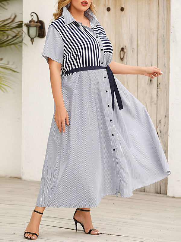 Loose Plus Size Buttoned Split-Joint Striped Tied Waist Lapel Maxi Dresses Shirt Dress