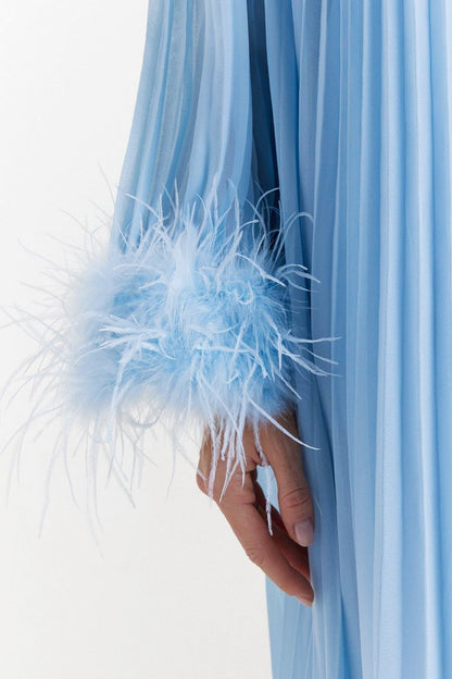 Yvonne Diamante Feathered Pleated Maxi Chiffon Dress