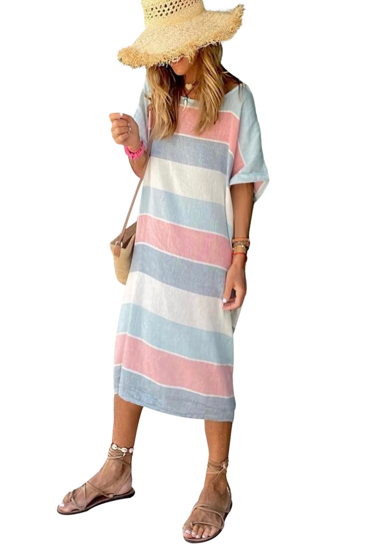 Multicolor Striped Color Block Loose Fit Half Sleeve Maxi Dress