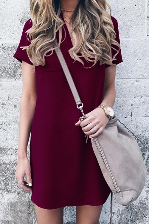 V-neck Solid Color Casual Dress