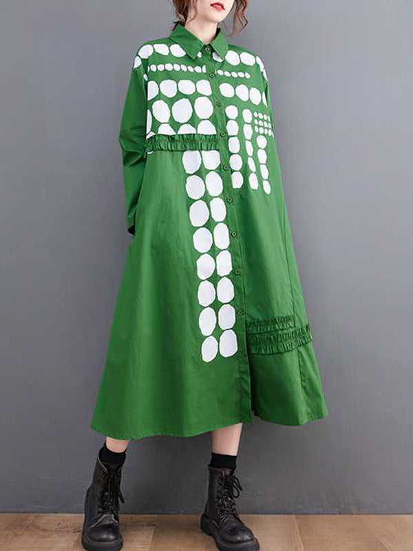 A-Line Long Sleeves Asymmetric Buttoned Polka-Dot Lapel Midi Dresses