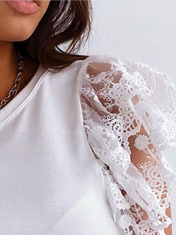 Casual Color Round Neck Top Lace Petal Sleeve T-Shirt