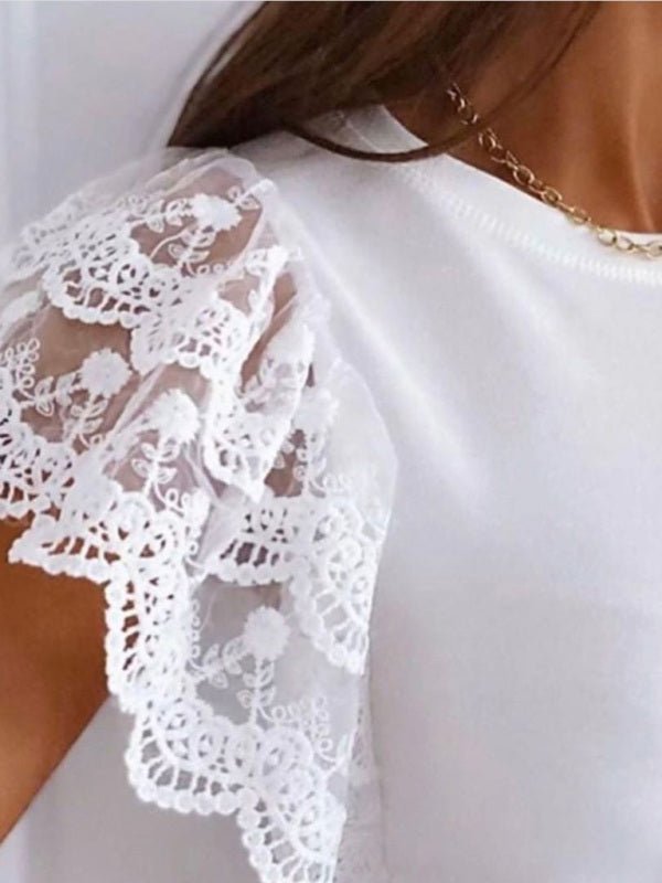 Casual Color Round Neck Top Lace Petal Sleeve T-Shirt