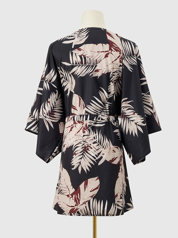 A-Line Half Sleeves Buttoned Drawstring Leaves Print V-Neck Mini Dresses