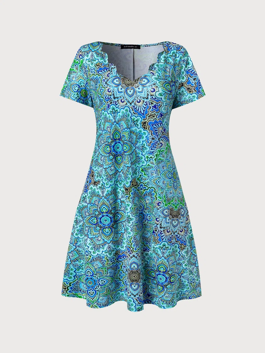 Paisley V Neck Loosen Short Sleeve Mini Dress