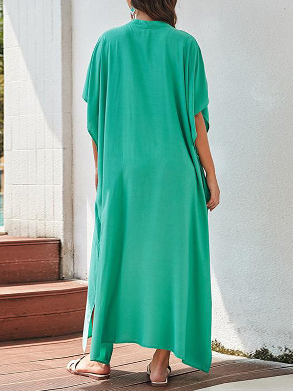 Batwing Sleeves Half Sleeves Solid Color Split-Side Sun Protection V-Neck Beach Cover-Up Maxi Dresses