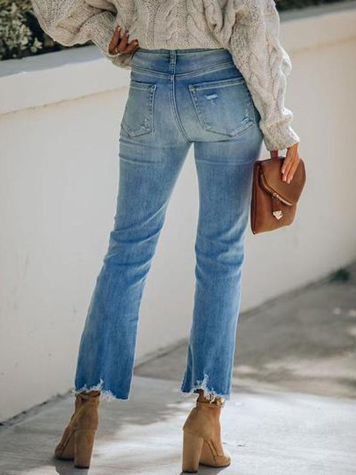 Distressed Ripped Straight-Leg Cropped Jeans