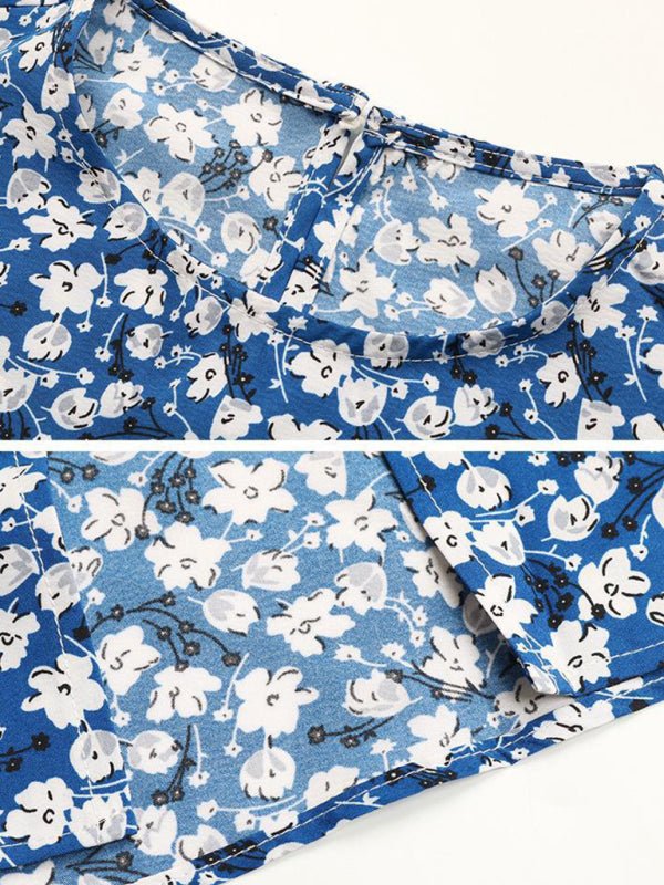 European and American casual skirt split floral blue dress
