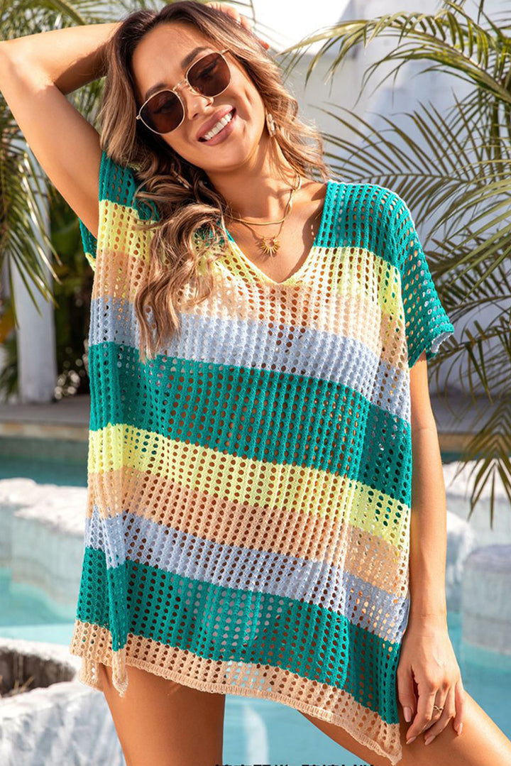 Skobeloff Striped Hollow Out Knit V Neck Tunic Cover Up