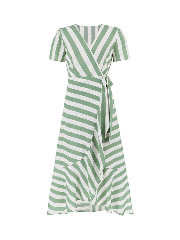 High-Low Loose Split-Joint Striped Tied V-Neck Maxi Dresses