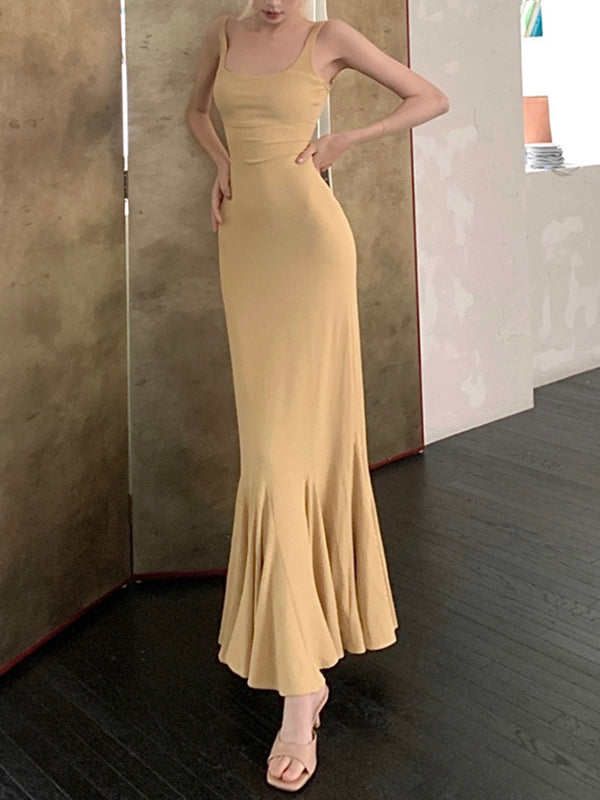 High Waisted Mermaid Backless Solid Color Spaghetti-Neck Maxi Dresses
