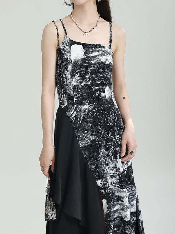 Loose Sleeveless Asymmetric Printed Split-Joint Spaghetti-Neck Midi Dresses Slip Dress