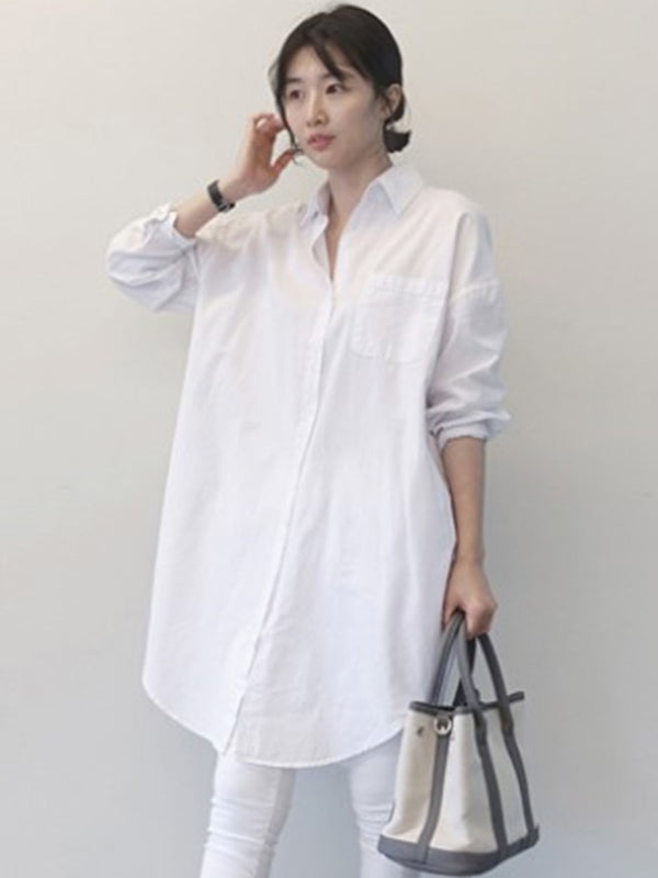 Office Long Sleeves Solid Color Lapel Blouses Shirt Dress