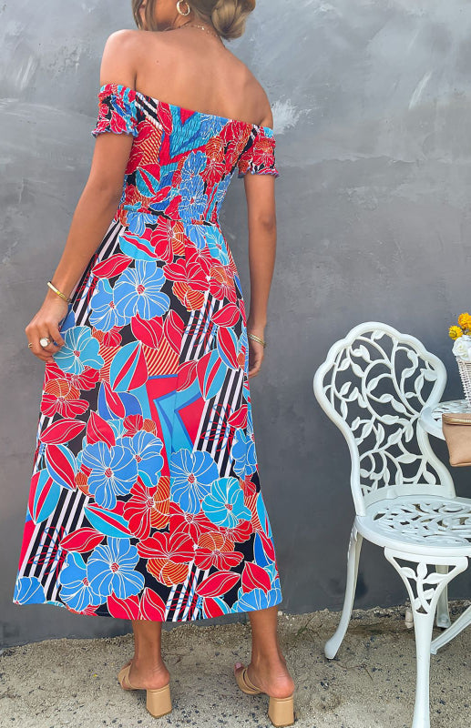 Ladies Spring/Summer Fashion Wrap Chest Print Bifurcated Waist Dress