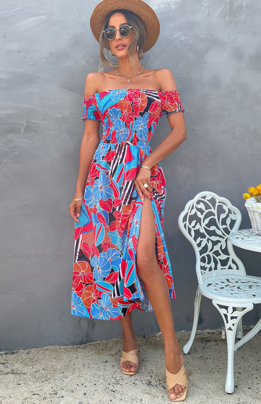 Ladies Spring/Summer Fashion Wrap Chest Print Bifurcated Waist Dress