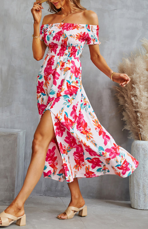 Ladies Spring/Summer Fashion Wrap Chest Print Bifurcated Waist Dress