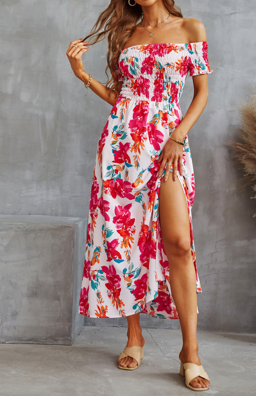 Ladies Spring/Summer Fashion Wrap Chest Print Bifurcated Waist Dress