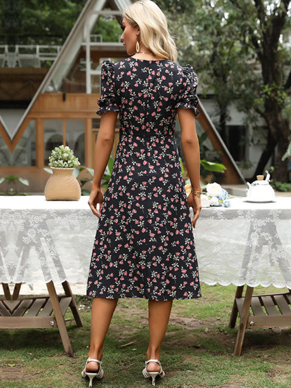 European and American floral dress v-neck puff sleeve French dress
